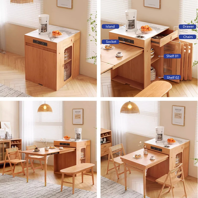 Mesa de comedor con isla de cocina de madera maciza que ahorra espacio