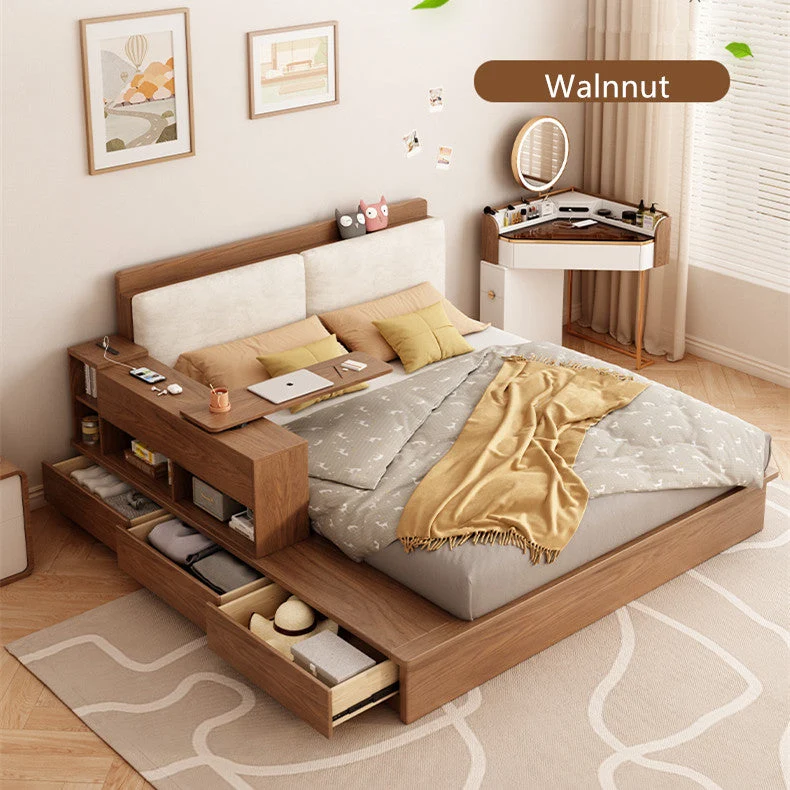 Cama con almacenaje elevable con escritorio giratorio y cajones