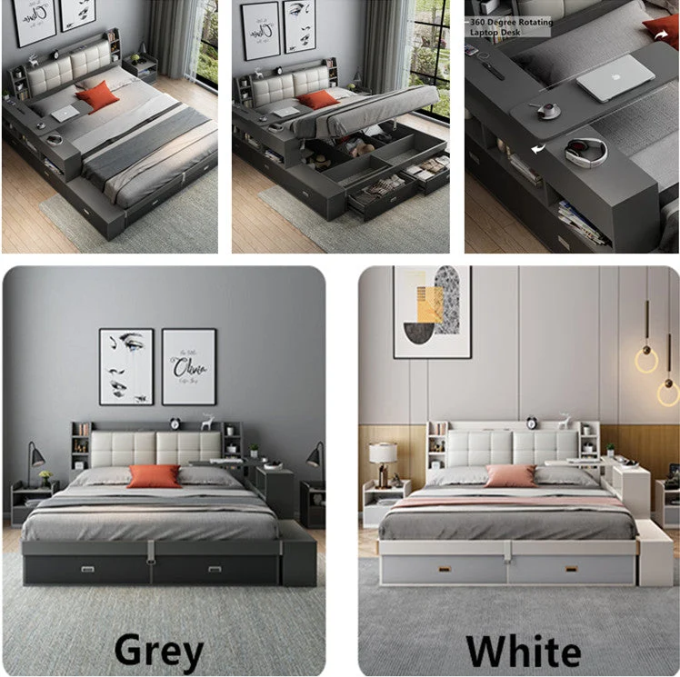 Cama de almacenaje elevable de estilo moderno con cajones y escritorio giratorio