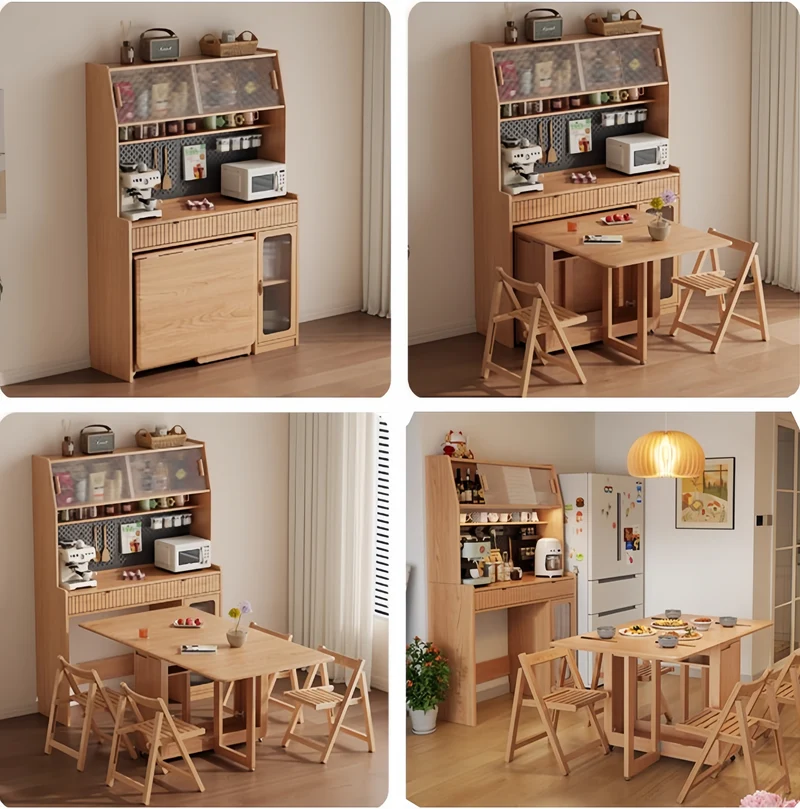 Gabinete de cocina con mesa de comedor de hoja abatible doble y 4 sillas plegables