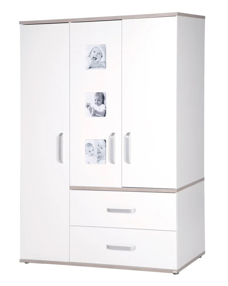 Kleiderschrank 'Moritz', 3-türig Schrank mit 3 Bilderrahmen, Weiß & 'Luna Elm'