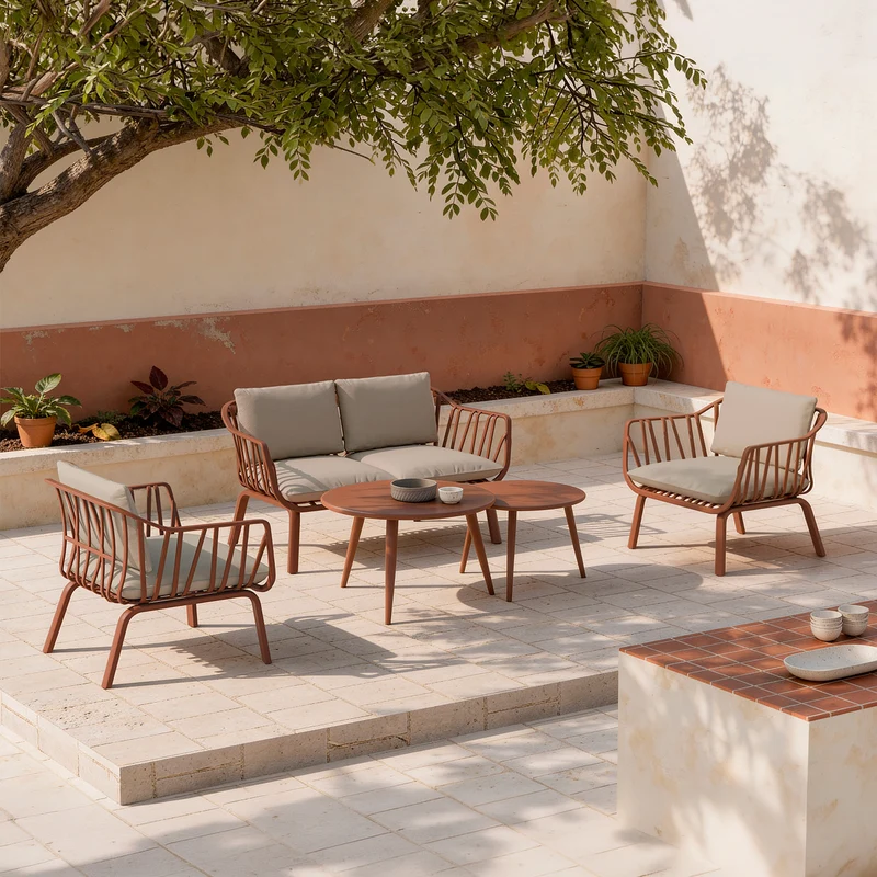 Set Mikonos Sofá, Sillones y Mesa de centro Terracota