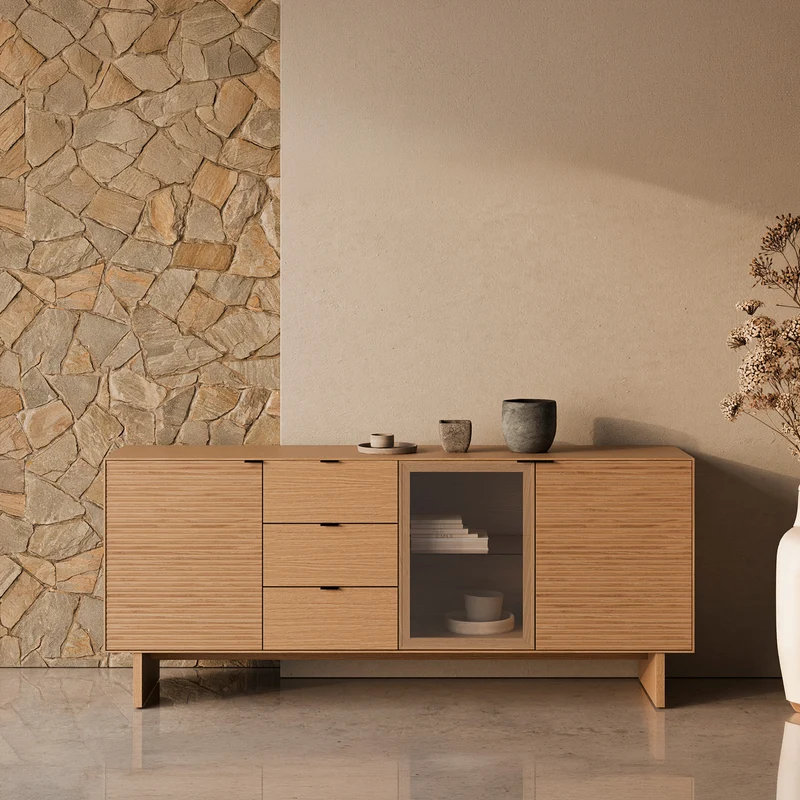 Aparador Tulsa roble 200 cm con patas de madera, 3 puertas y 3 cajones