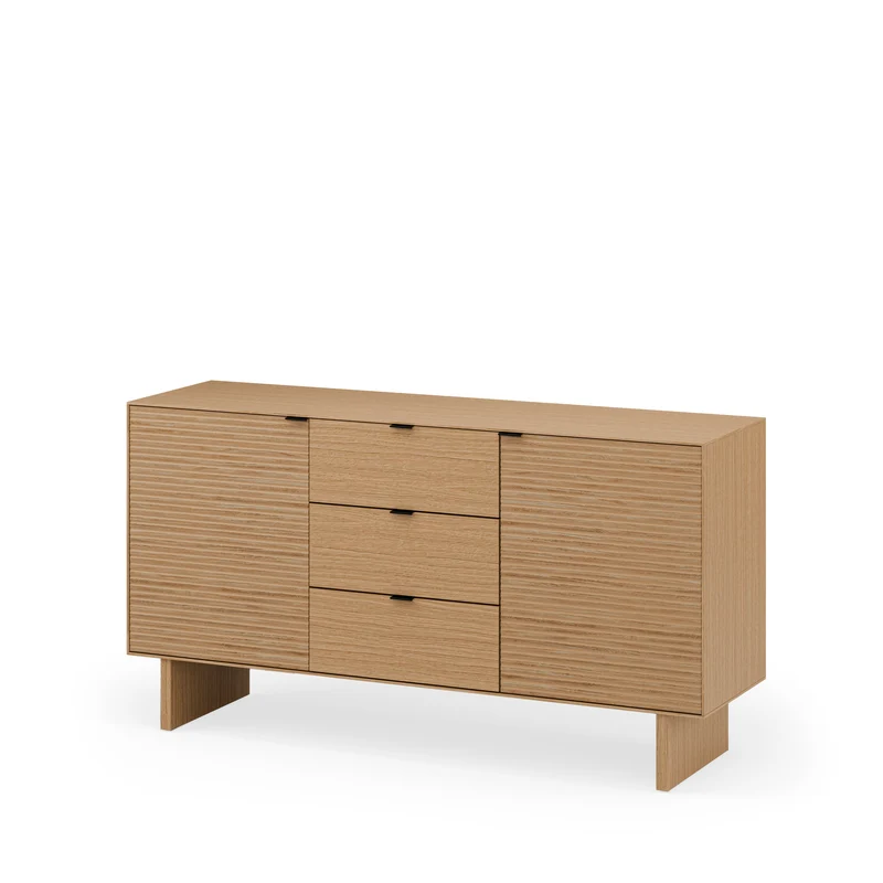 Aparador Tulsa roble 160 cm con patas de madera, 2 puertas y 3 cajones