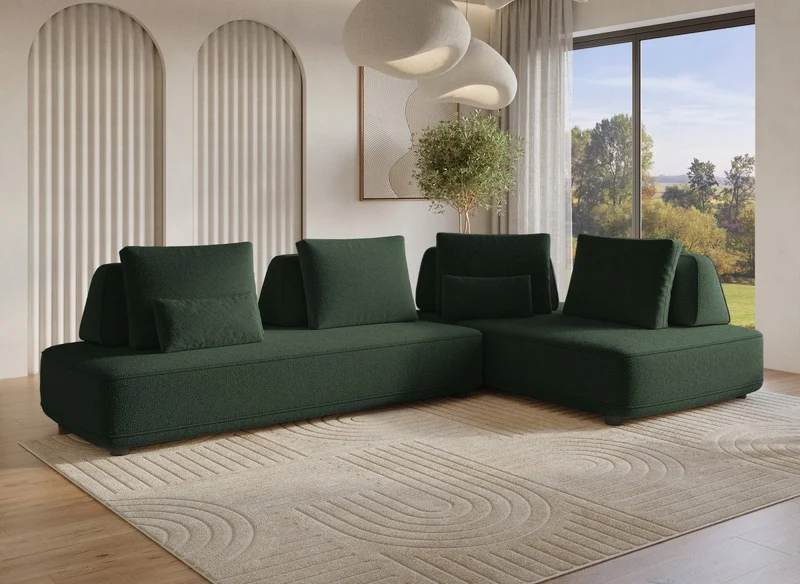 Sofá esquinero reversible ISAORA en tejido bouclé verde caqui
