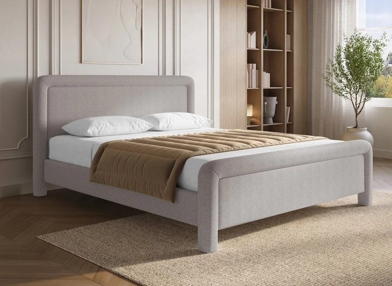 Cama doble ANELA de tela suave color topo, 180 x 200 cm