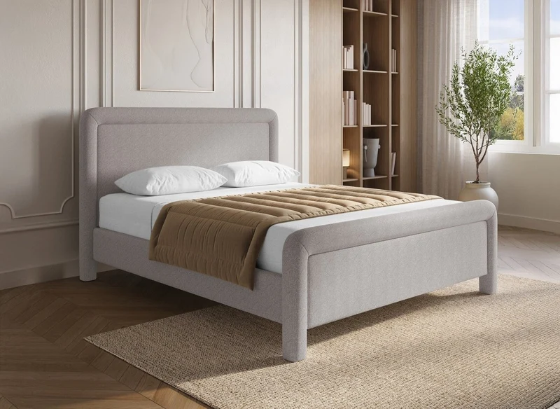 Cama doble ANELA de tela suave color topo, 140 x 190 cm