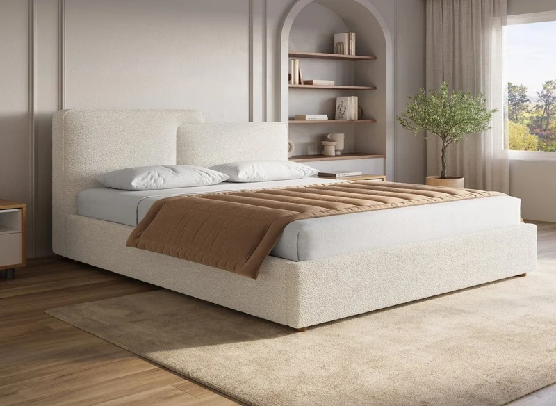 Cama con almacenaje ZELIA de 180x200 cm tapizada en tela bouclé beige