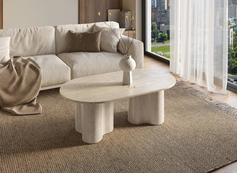 Mesa de centro VANINA en mármol compuesto beige con patas de forma orgánica
