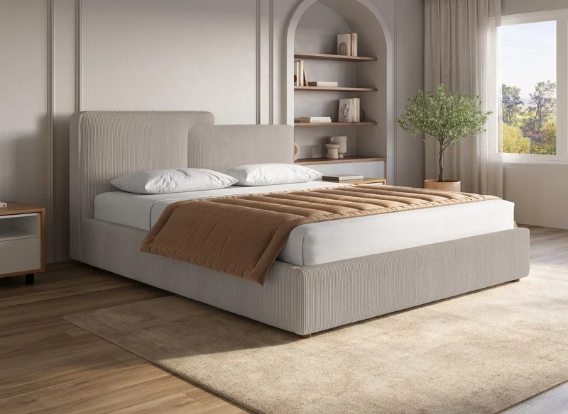 Cama de almacenaje ZELIA de 160x200 cm en pana color topo