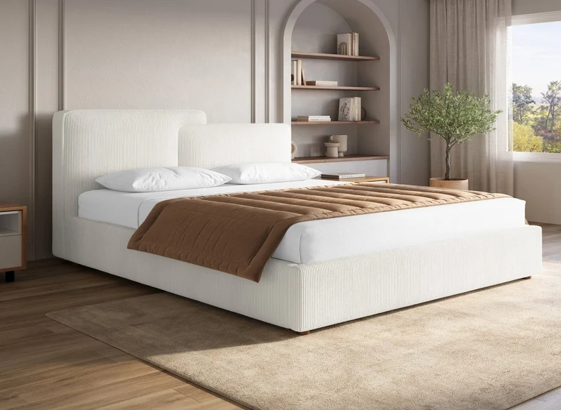 Cama de almacenaje ZELIA de 180x200 cm en pana color blanco roto