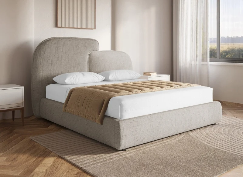 Cama de almacenaje MILENA de terciopelo jaspeado color topo, 140x190 cm