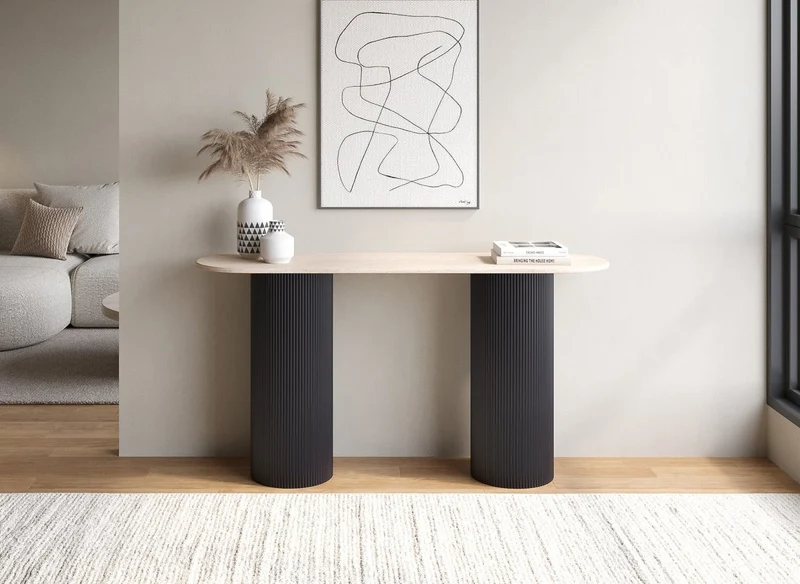 Mesa consola DHARA BLACK en mármol compuesto beige con patas negras