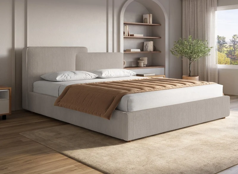 Cama de almacenaje ZELIA de 180x200 cm en pana color topo