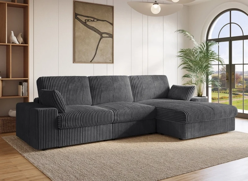 Sofá esquinero reversible SIRINA en suave tejido acanalado gris