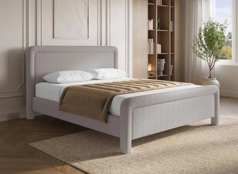 Cama doble ANELA de tela suave color topo, 160 x 200 cm