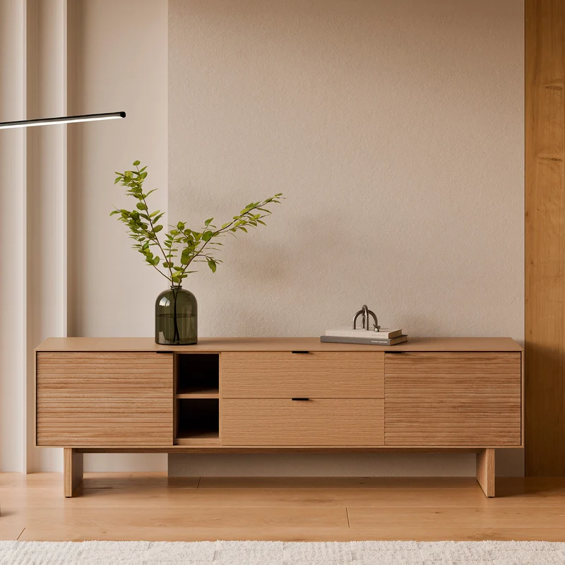 Mueble TV Tulsa roble 180 cm con puertas y cajones, patas de madera