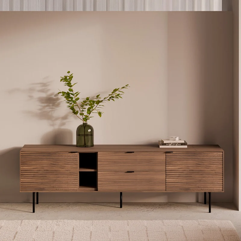 Mueble TV Tulsa nogal 180 cm con puertas y cajones, patas metálicas