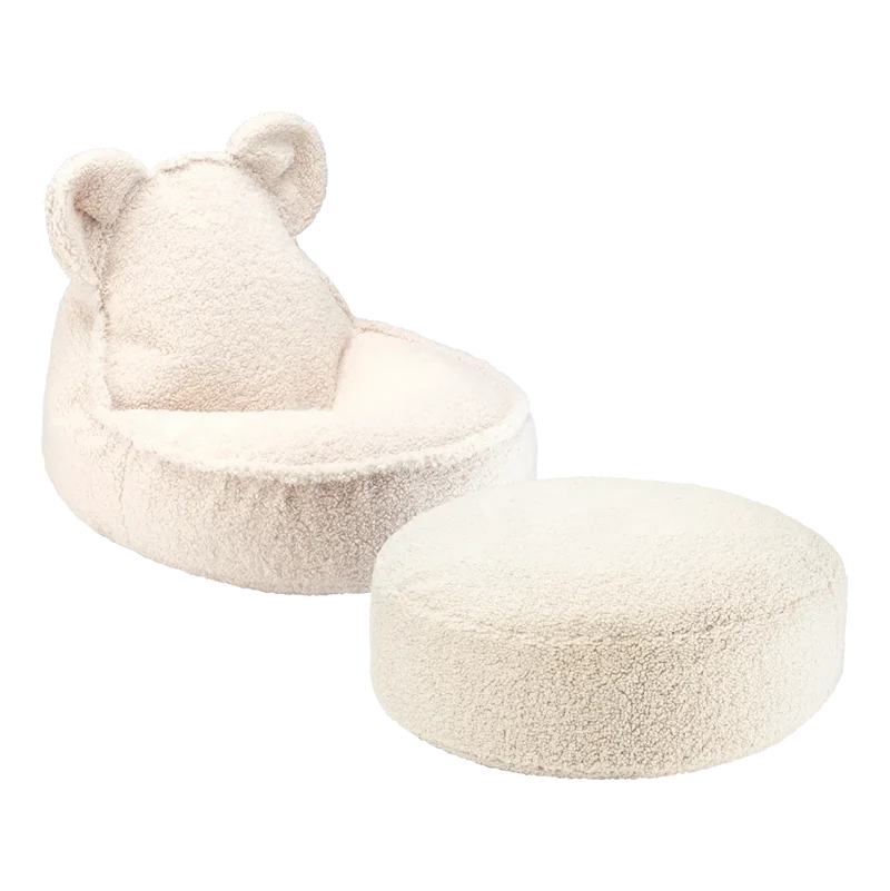 Set Puf Infantil Osito + Redondo de Borreguito Blanco Crema