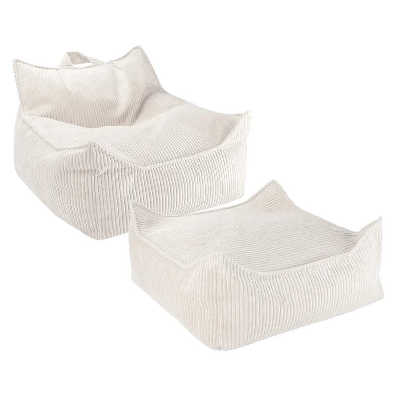 Set Puf Infantil Silla + Cuadrado de Pana Blanco Crema