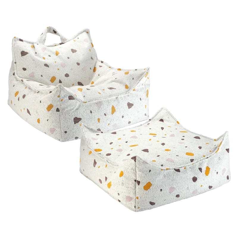 Set Puf Infantil Silla + Cuadrado de Bouclé & Chenilla Terrazo Blanco Crema