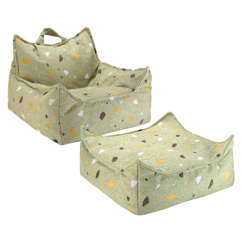 Set Puf Infantil Silla + Cuadrado de Bouclé & Chenilla Terrazo Verde