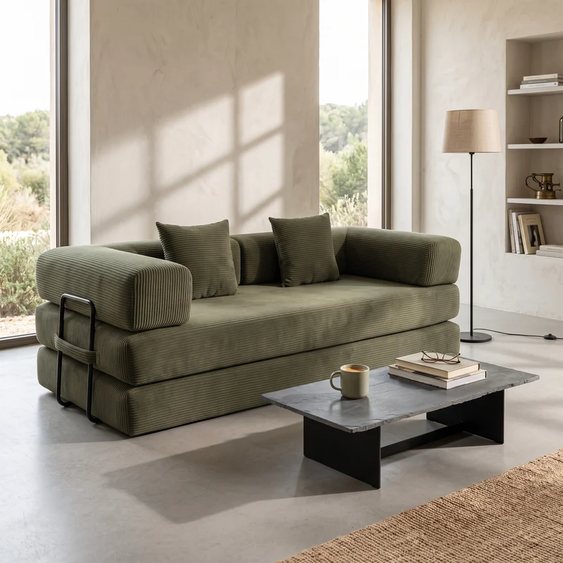SOFA CAMA 3 PLAZAS EN PANA ENVASADO AL VACIO Y METAL NEGRO DURBAN