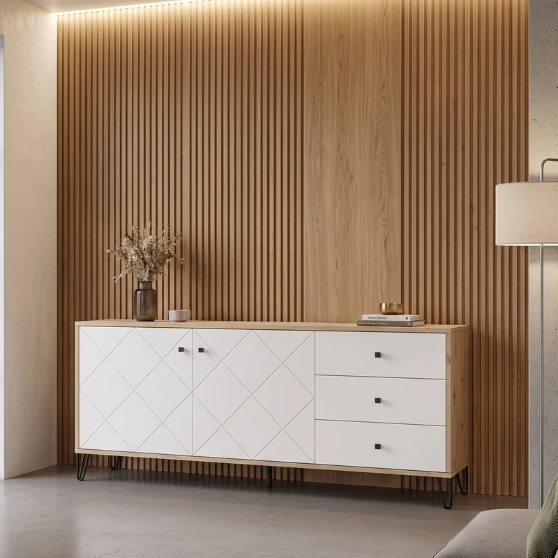 APARADOR RECTANGULAR 183x40cm EN ROBLE ARTISAN Y BLANCO SUECIA