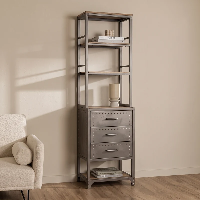 ESTANTERIA CON CAJONES 200x43 cm EN ACERO Y ESTANTERIAS ROBLE SERGI