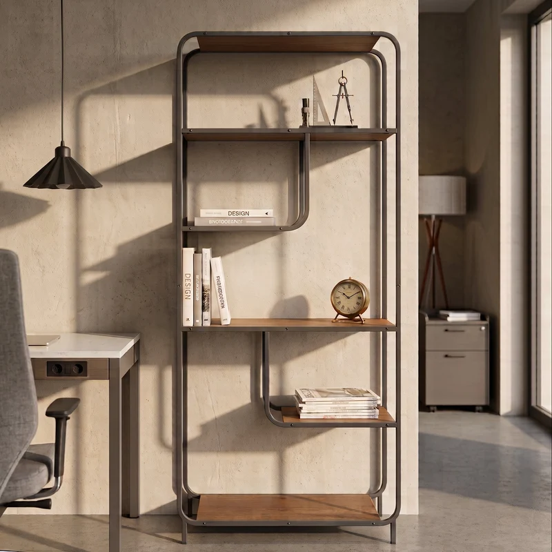 ESTANTERIA MODULAR DE PARED 174x80 cm EN MADERA NOGAL Y ACERO NEGRO SAKAY