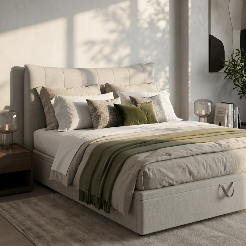 CAMA CON CANAPE ABATIBLE TAPIZADA EN TELA BEIGE NASIRA