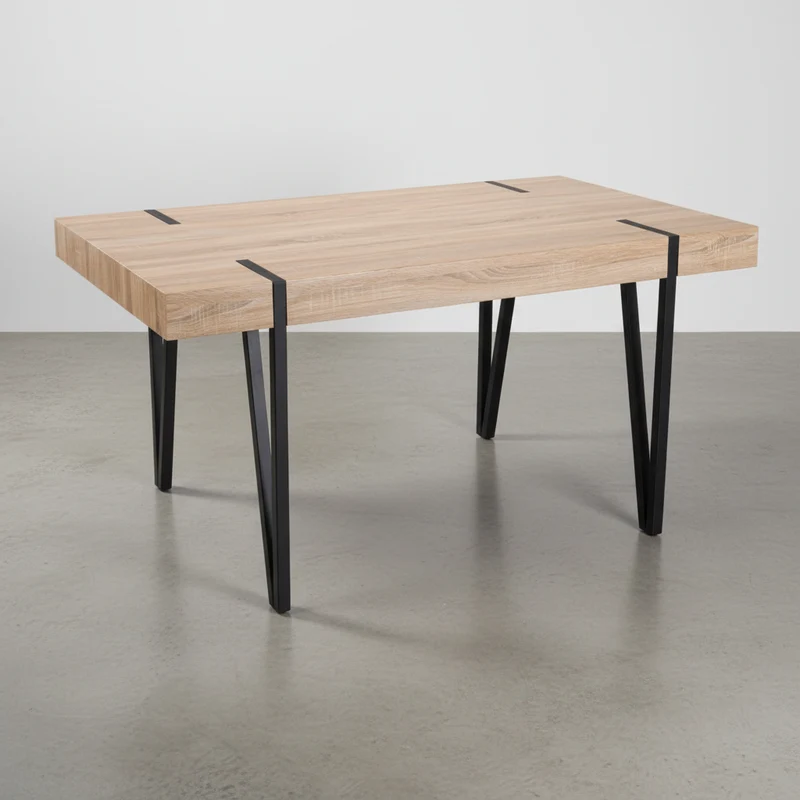 MESA DE COMEDOR RECTANGULAR 150X90 Cm MDF ROBLE PATAS METALICAS ATENEA