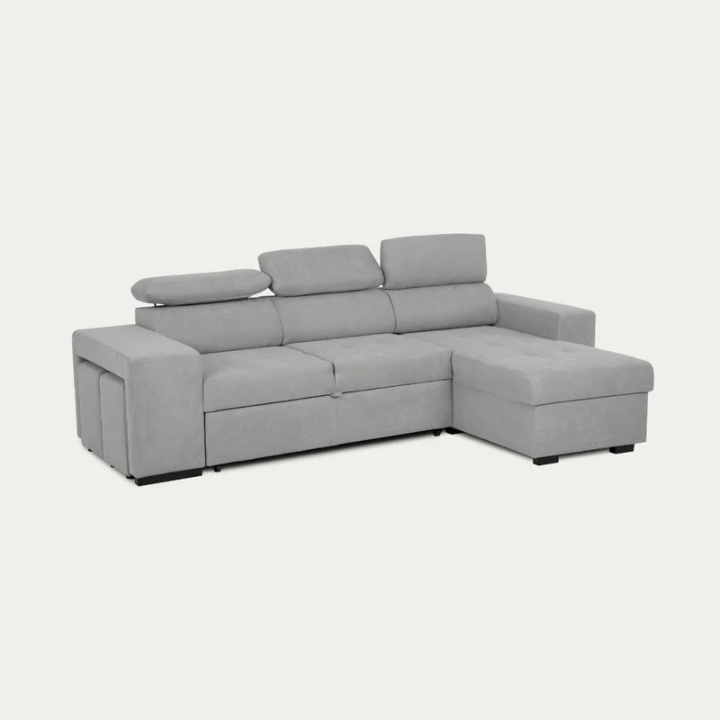 Sofá-cama de 4 lugares com chaise longue reversível, cabeceiras ajustáveis e 2 pufes – John