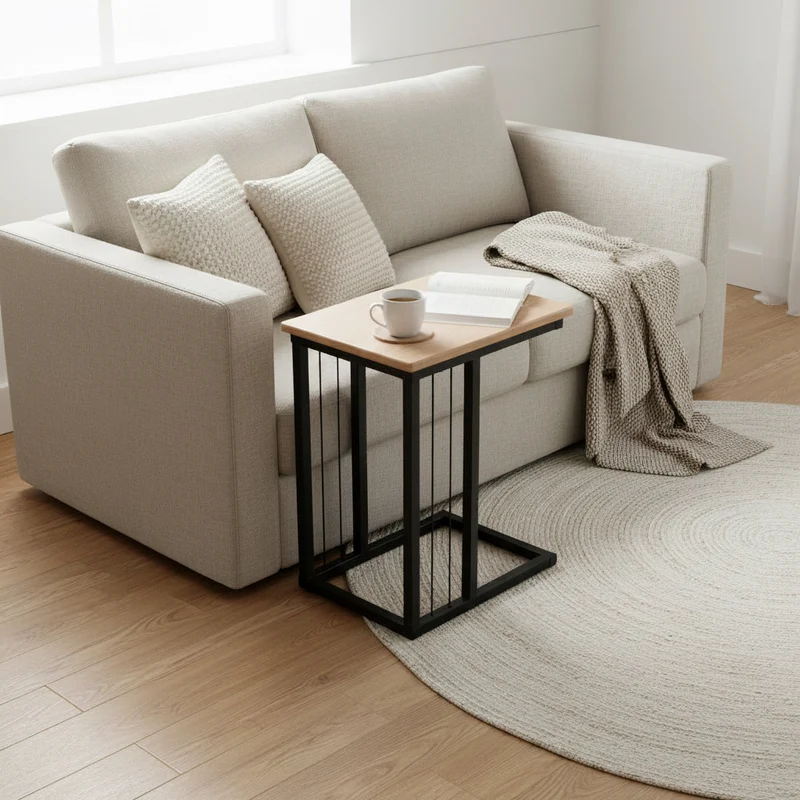 MESA AUXILIAR EN MDF RECHAPADO ROBLE Y BASE ACERO NEGRO IRUMA