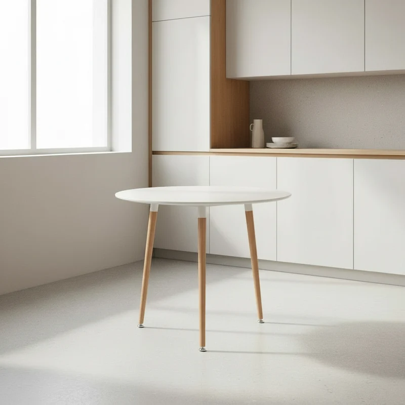 MESA DE COCINA REDONDA Ø60 cm EN HAYA Y MDF BLANCO ARIA NORDIC