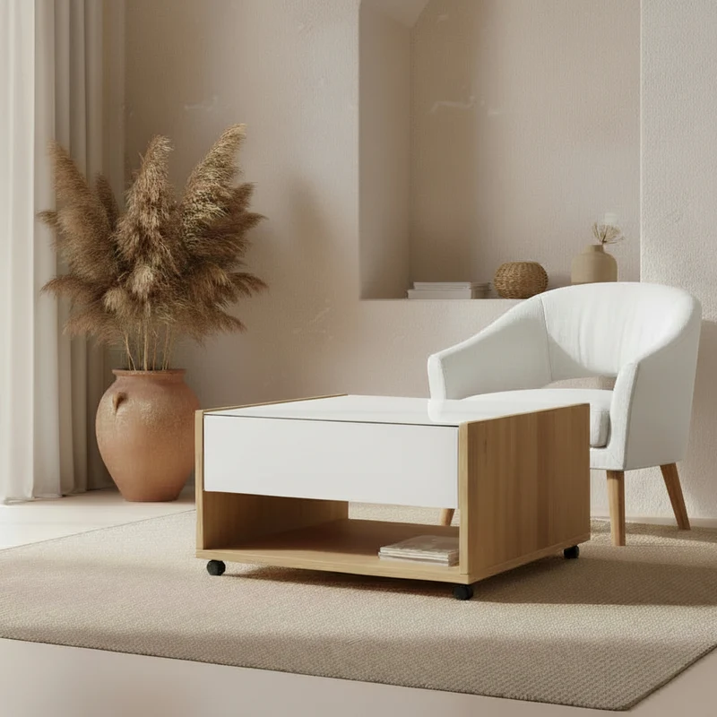 MESA DE CENTRO EN ROBLE ARTISAN Y CRISTAL MOULING