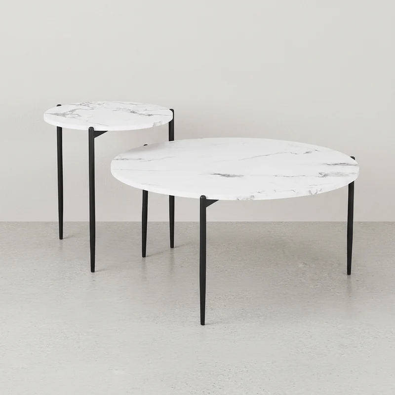 SET 2 MESAS DE CENTRO REDONDAS EN MDF MARMOL TURIN (Ø80 Cm - Ø50 Cm)