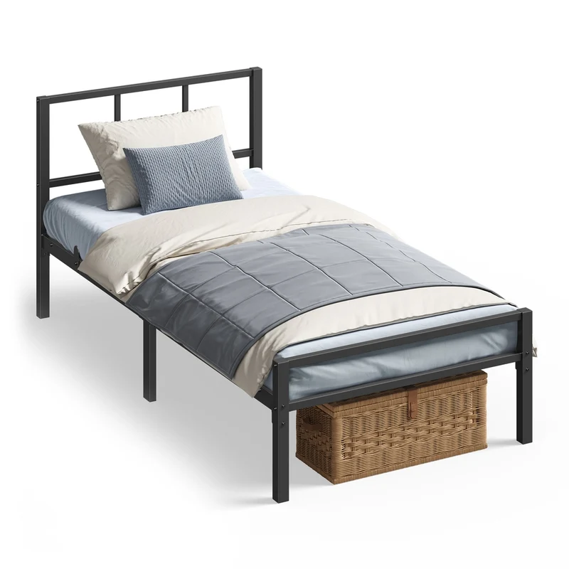 Cama Individual Cabecero Marco de Metal y Montaje Fácil
