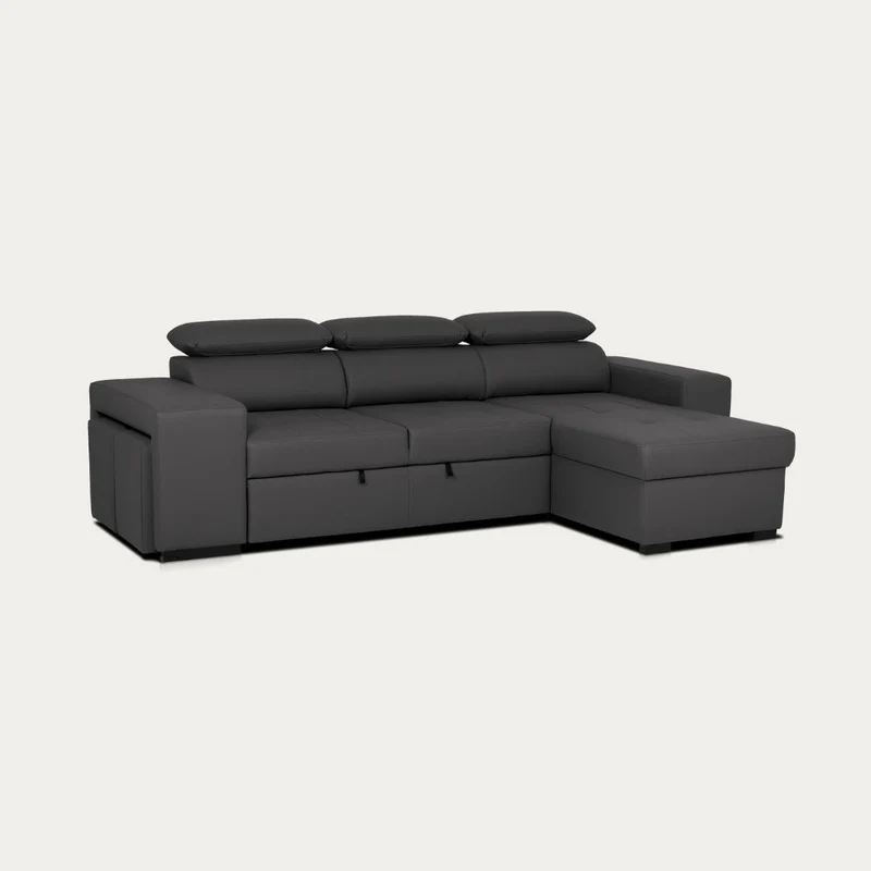 Sofá-cama de 4 lugares com chaise longue reversível, cabeceiras ajustáveis e 2 pufes – John