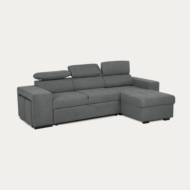 Sofá-cama de 4 lugares com chaise longue reversível, cabeceiras ajustáveis e 2 pufes – John