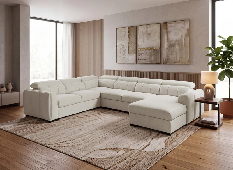 Sofá panorámico convertible con cómoda en tejido de rizo beige NAJAH - Ángulo recto