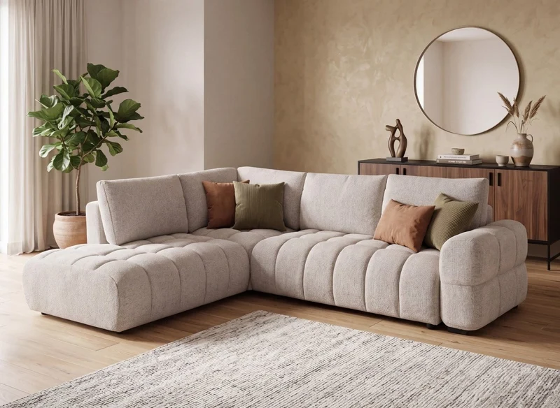 Sofá esquinero convertible con cómodas en terciopelo texturado beige NAELIE - Esquina izquierda