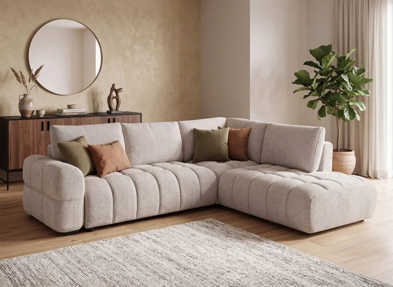 Sofá esquinero convertible con cómodas en terciopelo texturado beige NAELIE - Ángulo recto