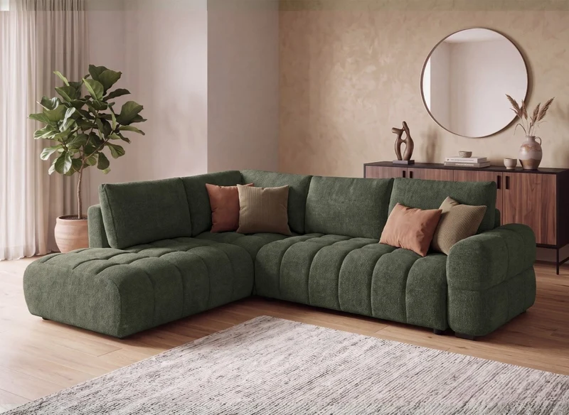 Sofá esquinero convertible con cómodas en terciopelo texturado verde oliva NAELIE - Esquina izquierda