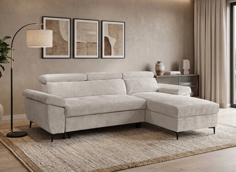 Sofá esquinero convertible en terciopelo jaspeado beige MONICA - Ángulo recto
