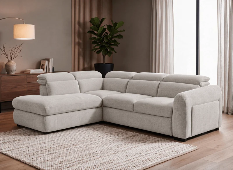 Sofá esquinero convertible con cajón en terciopelo texturado beige MADISON - Esquina izquierda