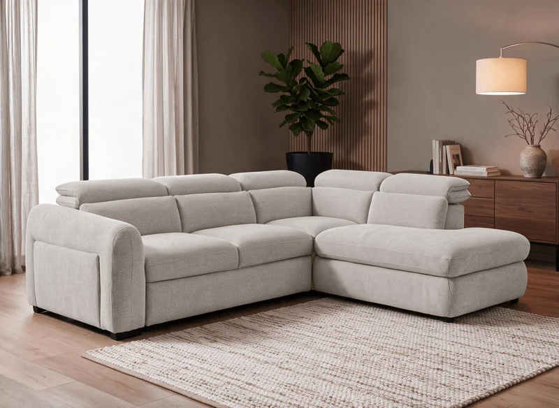 Sofá esquinero convertible con cómoda en terciopelo texturado beige MADISON - Ángulo recto