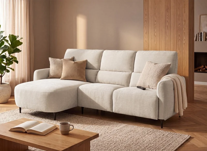 Sofá esquinero relax eléctrico en tejido texturado beige LAHYS - Esquina izquierda