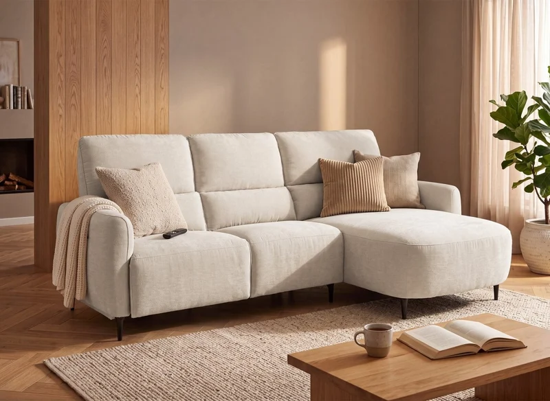 Sofá esquinero relax eléctrico de tejido texturizado beige LAHYS - Ángulo recto