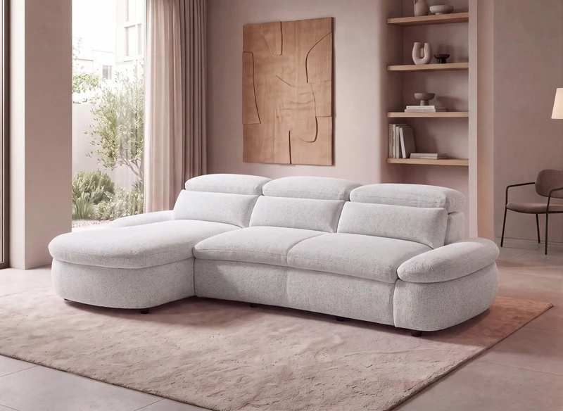 Sofá esquinero relax eléctrico de rizo beige CLEMENT - Esquina izquierda
